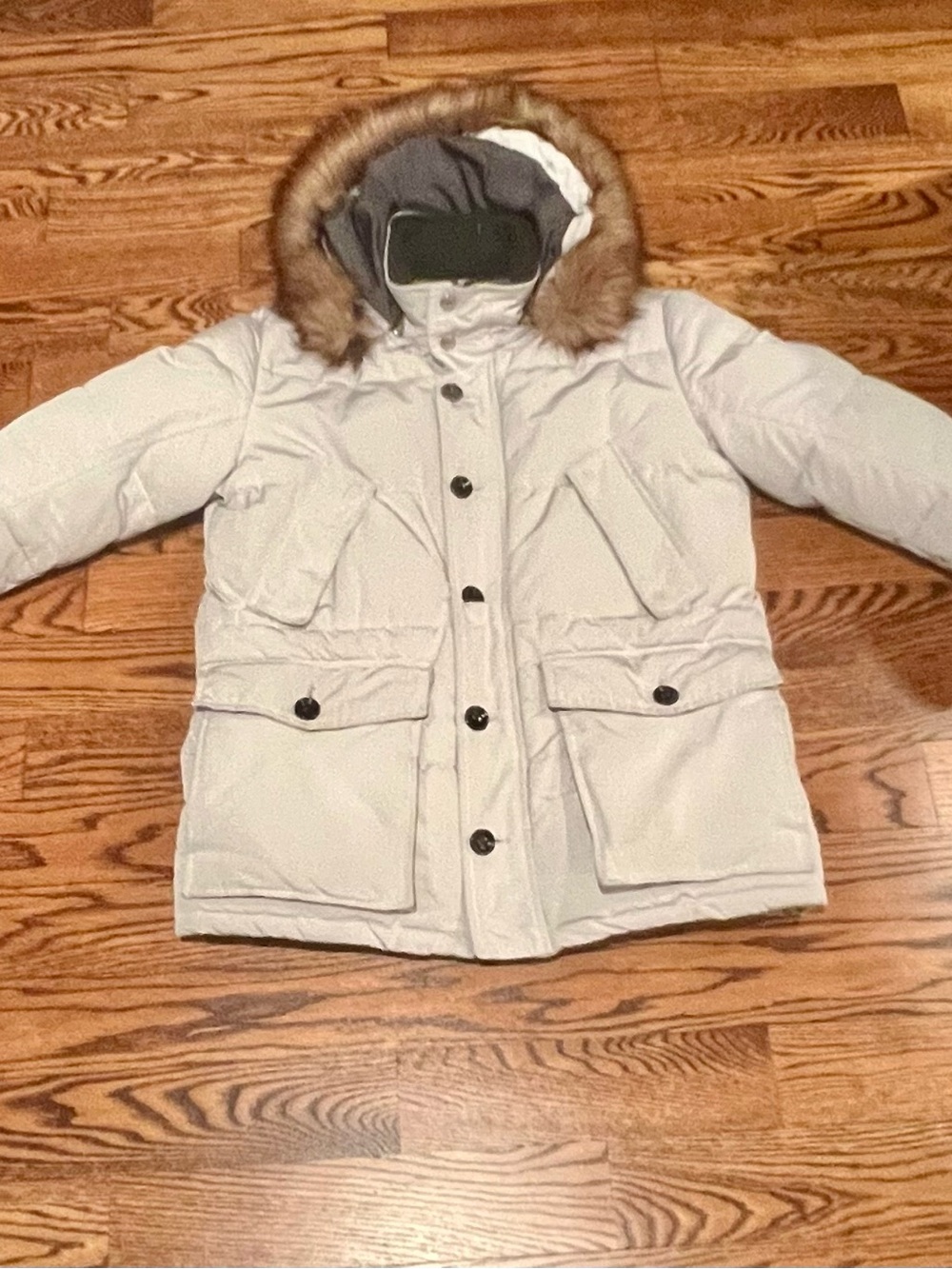 Zara Light Cream Men's Puffer Parka with Faux-Fur Hood